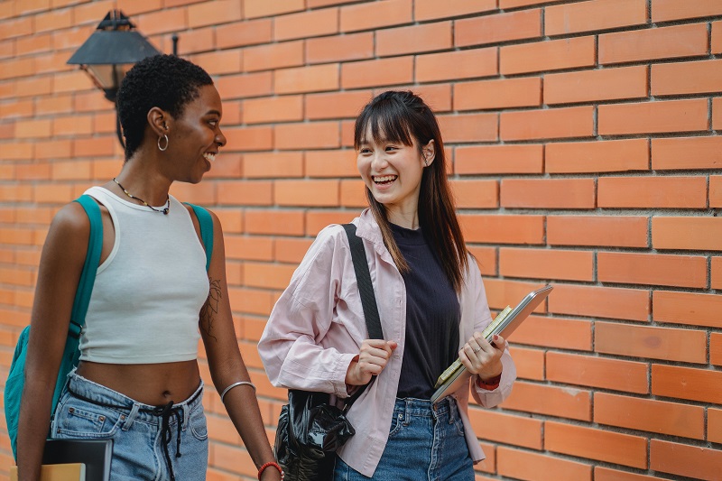 Two students conversing with a brick wall background