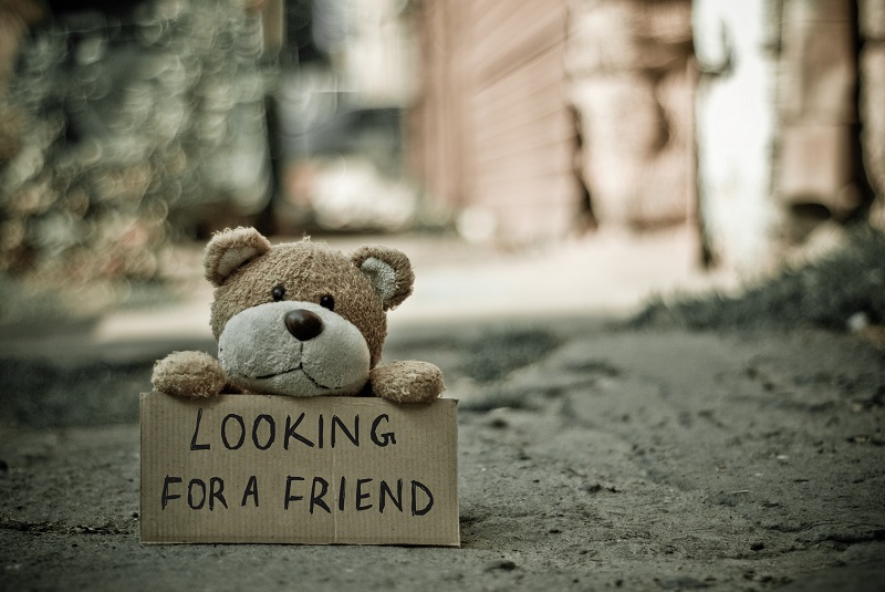 A lonely teddy bear with a 'looking for a friend' sign as a metaphoric downside to radical honesty.