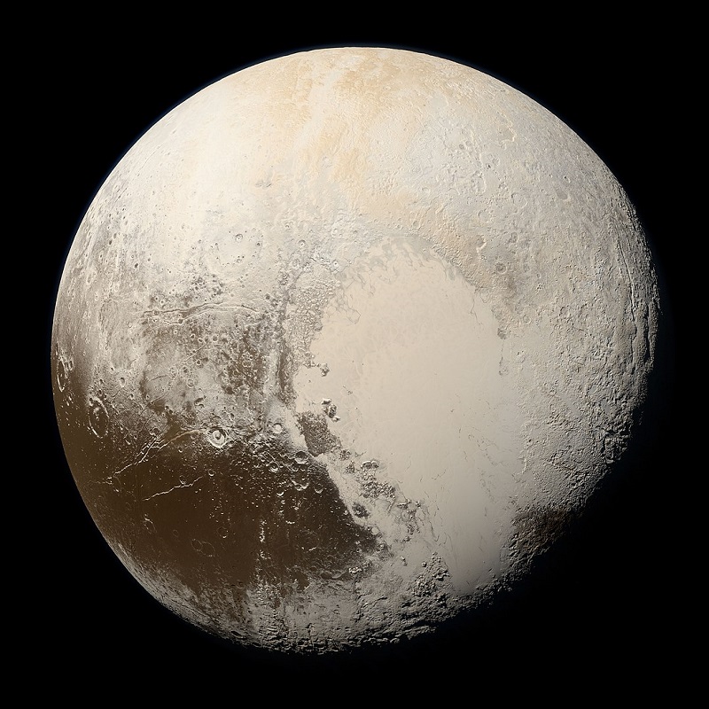 A detailed black and white image of the planet Pluto.