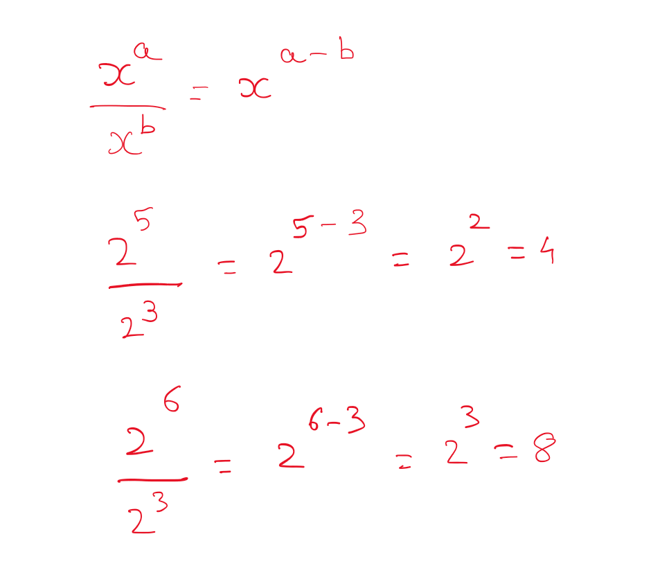 Explaining zero raised to the power zero using division rule:
(x^a)/(x^b)=x^(a-b)
Example: 2^5/2^3=2^(5-3)=2^2=4
2^6/2^3=2^(6-3)=2^3=8
