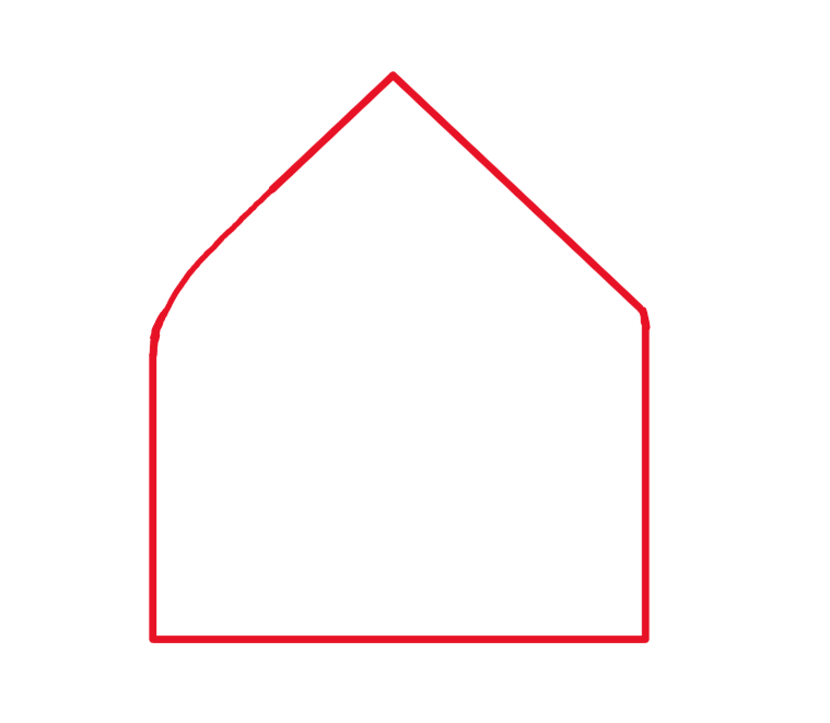 An image of a floor space that has a triangular top and a rectangular bottom. However, the left hand side of the triangle that connects to the rectangle seems to be curved a little bit. It is not a perfect triangle there.