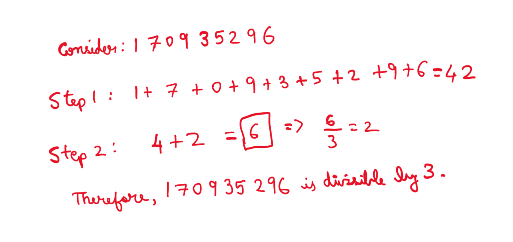 The followiing equations are written down to illustrate Why 3 is a special denominator in division:

Consider: 170935296
Step 1: 1 + 7 + 0 + 9 + 3 + 5 + 2 + 9 + 6 = 42
Step 2: 4 + 2 = 6
Step 3: 6/3 = 2
Therefore, 170935296 is divisible by 3