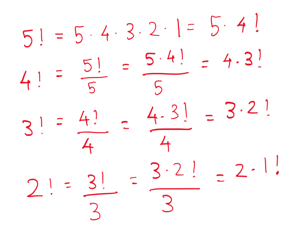 Zero factorial explanation
Equations for descending factorials:

5! = 5*4*3*2*1 = 5*4!
4! = 5!/5 = (5*4!)/5 = 4*3!
3! = 4!/4 = (4*3!)/4 = 3*2!
2! = 3!/3 = (3*2!)/3 = 2*1!