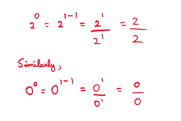 Explaining zero raised to the power zero:
2^0 = 2^(1-1) = 2^1/2^1 = 2/2
Similarly,
0^0=0^(1-1)=0^1/0^1=0/0
