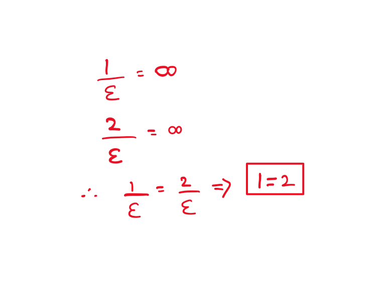 Explaining infinite infinities: Problems arise with infinitesimals when they are used to divide integers.
1/ϵ = infinity
2/ϵ = infinity
From these, we can conclude that
1/ϵ = 2/ϵ
This leads to the result that 1 = 2. which is, of course, absurd.