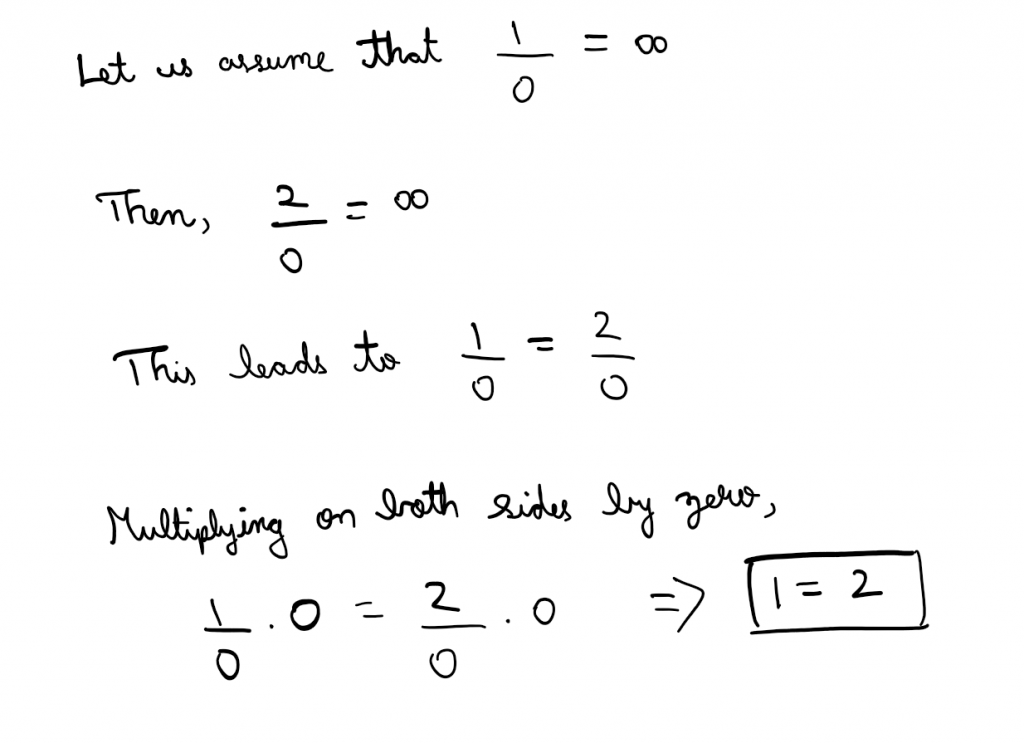 Mathematical equation system illustrating absurd and contradictory results when it is assumed that division by zero leads to infinity: If we assume that 1/0= infinity, then 2/0= infinity as well. This leads to a situation where 1/0 = 2/0. If we multiply by 0 on both sides, we end up with 1=2. Similarly, we can prove that all numbers are equal to every other number. All of this is, of course, absurd!