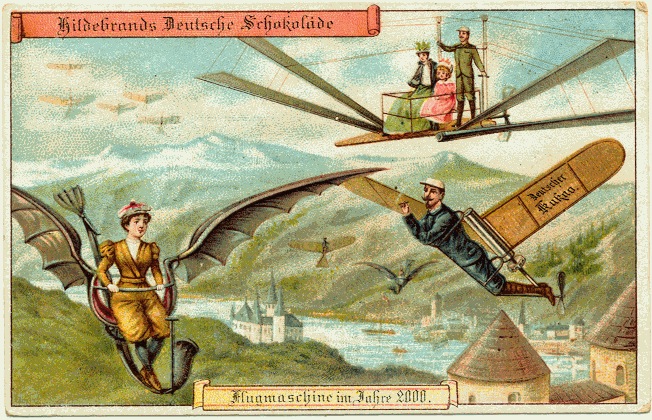 Image of a postcard trying from victorian Germany in 1900 trying to predict the future year 2000. People are seen to be flying using dragon-wing and bee-wing like contraptions.