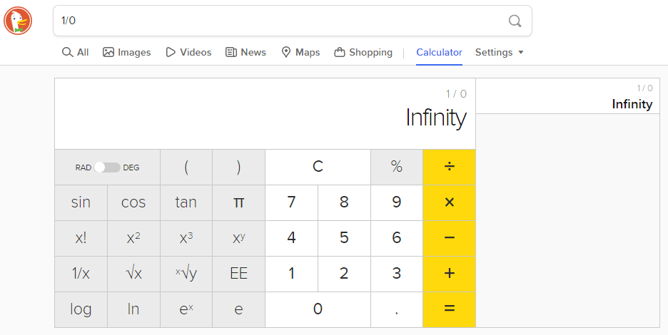 internet calculator showing results for division by zero