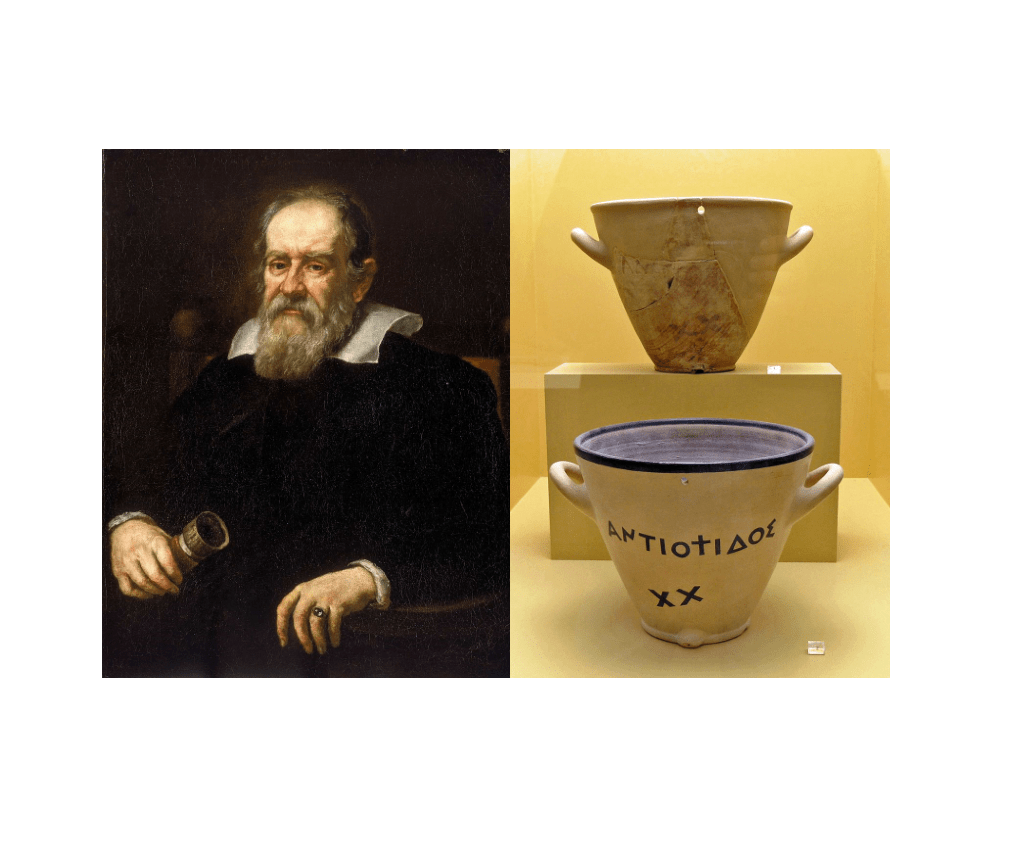 How to hear acceleration without using modern technology? Images from Wikimedia Commons (Portrait of Galileo on the left and a two-outflow water clock from 5-th century BC on the right)