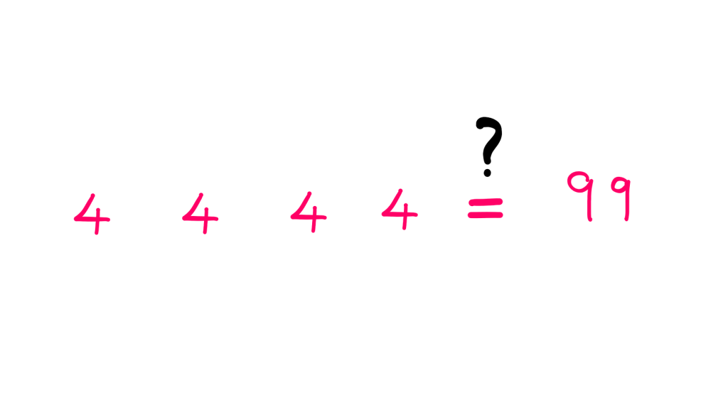 How To Generate Any Number Using Four 4s? - An image with a row of four 4s equating to 99. There is a question mark hovering above the 'equal to' sign which seems to question the relationship between the four 4s.