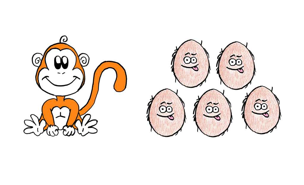 How To Really Solve The Monkey And The Coconuts Puzzle? - An illustrative sketch with a cute monkey sitting like a baby on the left, and five coconuts stacked on top of each other on the right. The coconuts also look cute with goofy looking eyes and their tongues sticking out.