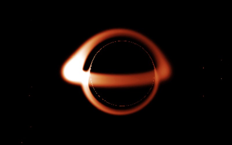 Simulated image of a non-rotating black hole - A model for Sagittarius A (Image from WikiCC) - The black hole appears to look like an eclipsed star with a toroidal ring surrounding it. The leftward edge of the ring appears to be brighter. Likewise, the top surface of the ring appears to be brighter than the rest of the ring.