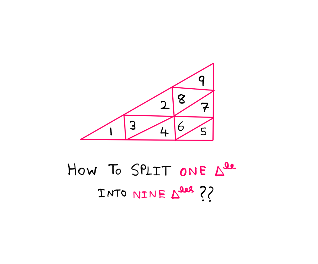 How To Really Tile Rep-Tile Triangles? - An illustration of a right-triangle that is divided into 9 congruent triangles that are also similar to the original triangle. Below this figure, the following text is seen: "How to split one triangle into nine triangles??"