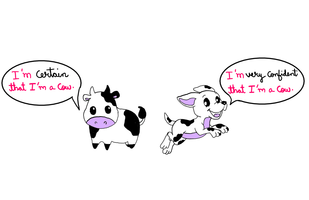 How To Really Understand The Philosophy Of Inferential Statistics? - An image showing a cute little cow with black and white spots on the left and cute little dog with black and white spots on the right. The cow is standing and the dog is jumping. The cow has a pink nose and pink inner-sides of ears. Likewise, the dog has a pink belly, pink inside of its mouth and pink inside of its ears. The cow says "I'm CERTAIN that I'm a cow." The dog says "I'm very confident that I'm a cow."