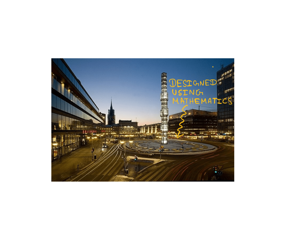 How To Really Use The Superellipse For Elegant Designs - An image showing Sergels Torg in Stockholm City (Image from WikiCC - further edited by the author) along with a beautiful and clear twilight skyling. The following text is written pointing towards Sergels Torg: "DESIGNED USING MATHEMATICS".