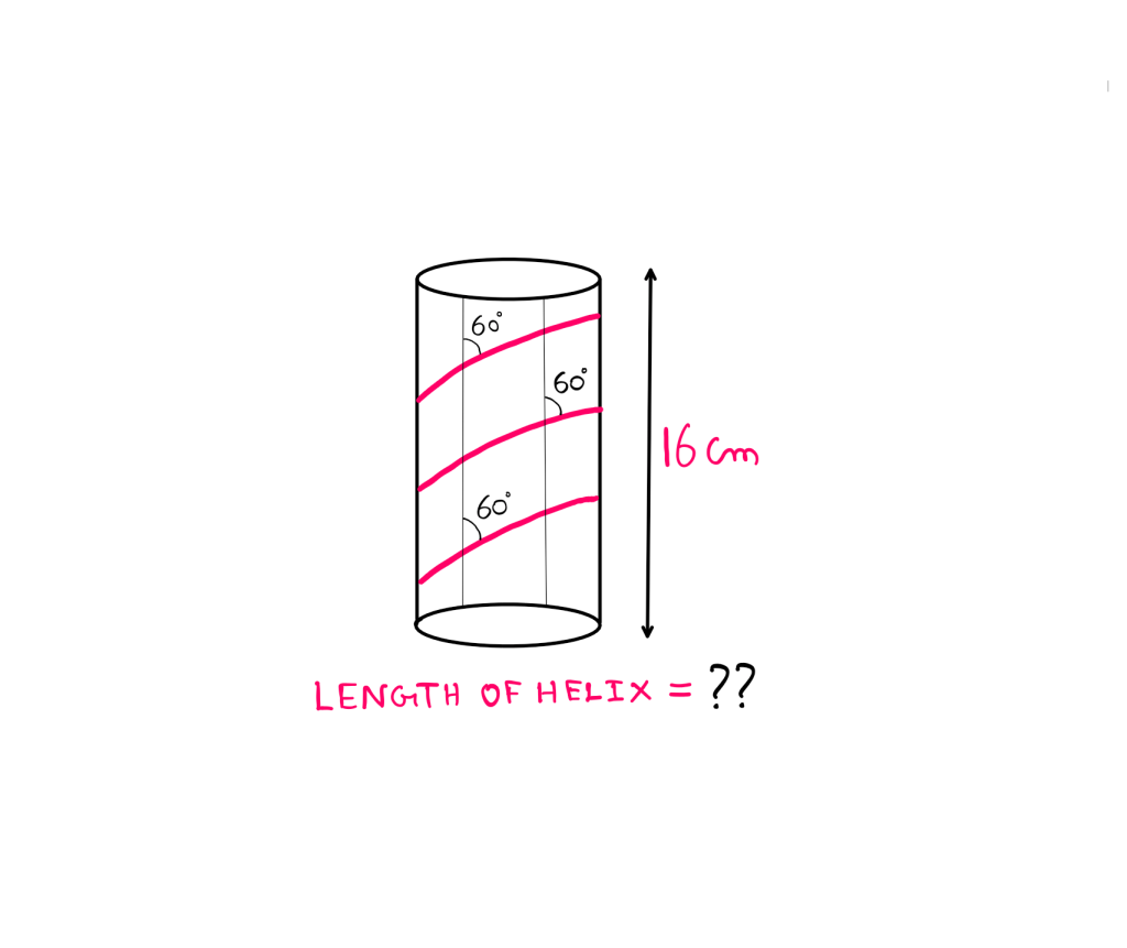 The Helix Puzzle - A Simple Geometric Challenge - An illustration of a black outlined cylinder that is 16 centimetres high and has a pink helix wrapped around it. The helix makes the constant angle of 60° with vertical lines drawn on the cylinder's surface. Below this figure, the following text is written: "Length of helix = ??"