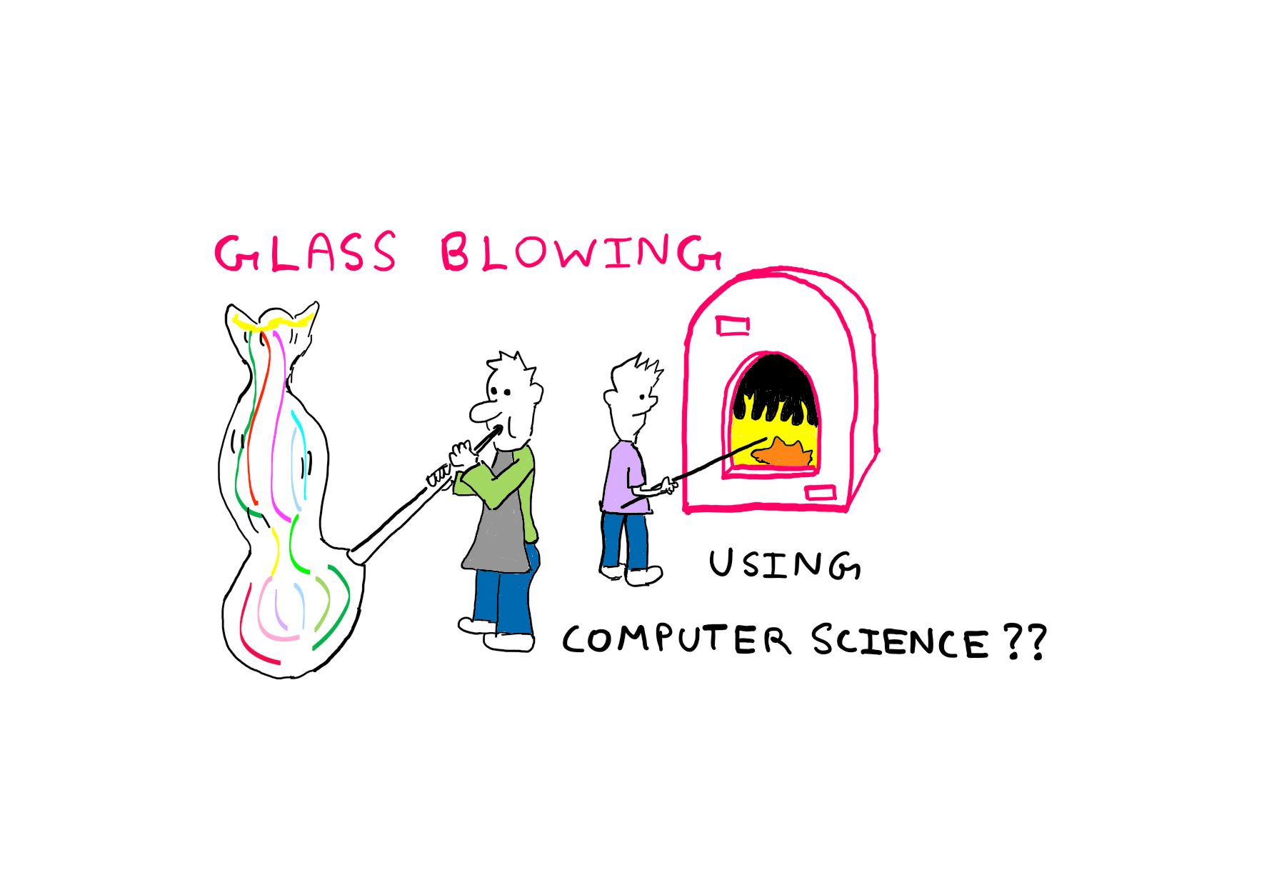 How To Benefit From Computer Science In Real Life? (I) - An illustration featuring one person heating glass in a flaming furnace, whereas another person is blowing and shaping a curvy-looking piece of glass artwork. Along with the illustration, the following text is presented: "Glass Blowing Using Computer Science?"
