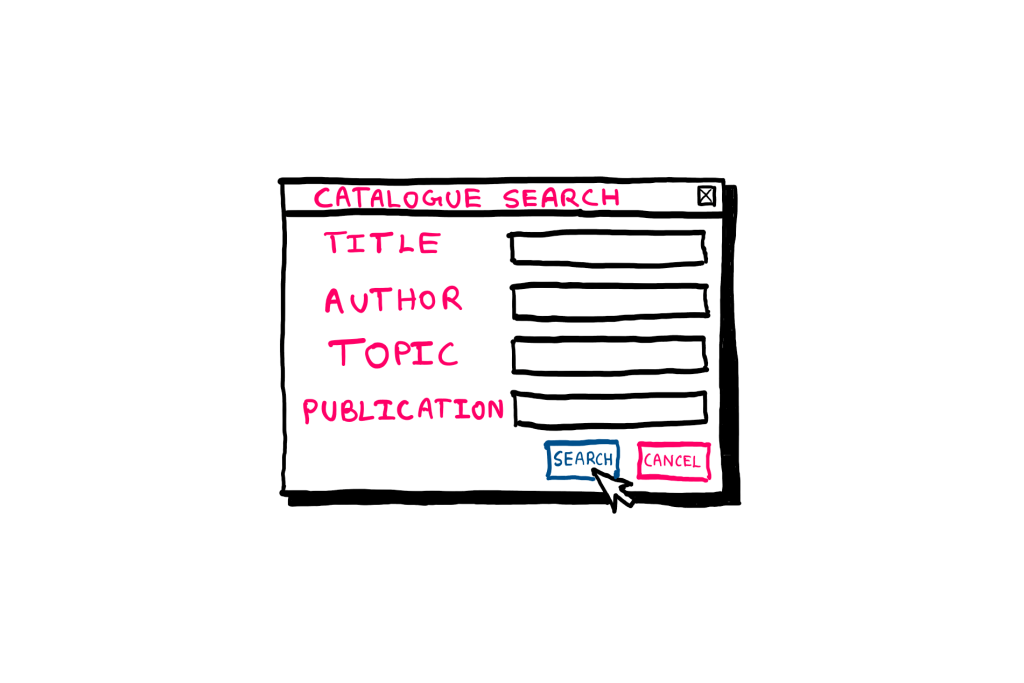 How To Benefit From Computer Science In Real Life? (III) - An illustration showing a catlogue search window that allows the user to search based on "title", "author", "topic", and "publication". The mouse pointer seems to be hovering hover the "search" button. To the right of the "search" button is the "cancel" button.