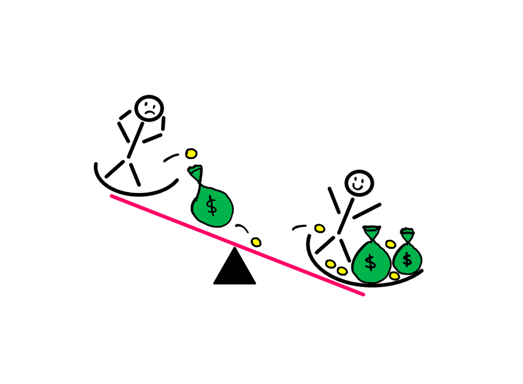 Variance: The Reason Why Rich Get Richer And Poor Get Poorer - An illustration showing a see-saw, where a stick figure is anxious on the higher end and another stick figure is happy on the lower end. Money from the anxious stick figure rolls down the see-saw into the seat of the happy stick figure. This metaphorically depcits how the rich get richer and poor get poorer.