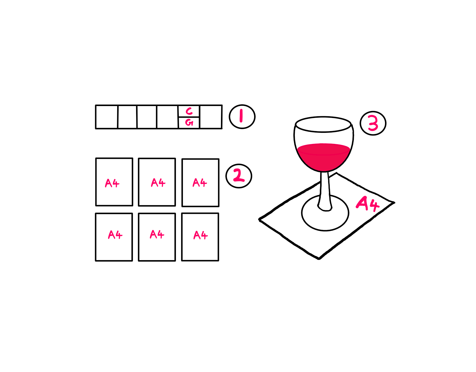 Puzzles: How To Use Them To Improve Brain Performance? - Three illustrations: the first shows a cross-word-like puzzle. The second illustration shows six sheets of A4 paper. And the third illustration shows a glass of wine on top of a sheet of A4 paper.