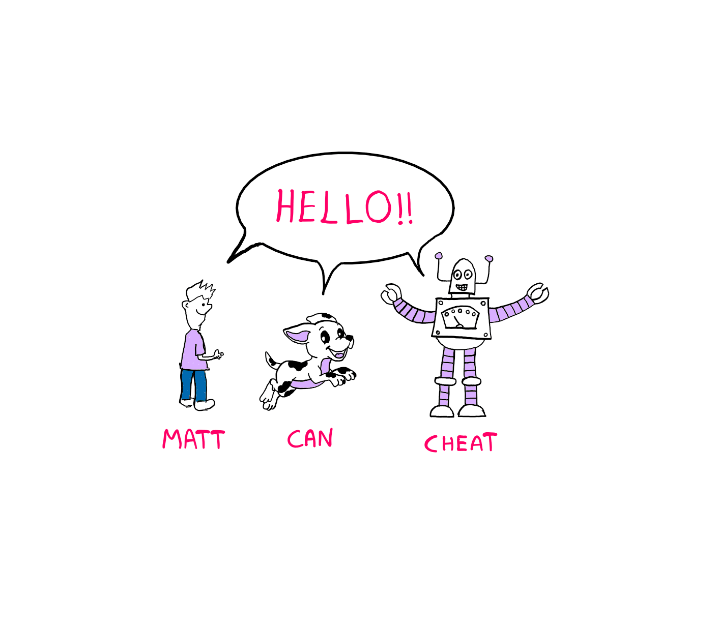 Can You Really Solve This Tricky Logic Puzzle? - An illustration showing Matt - a human being on the left, Can - A puppy at the centre, and Cheat - a robot on the right. All three of them are seen saying "HELLO!" together.