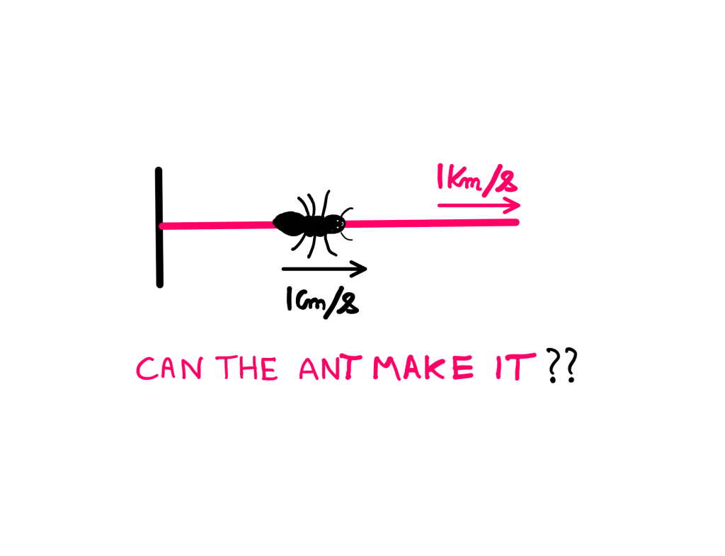 Ant On A Rubber Rope Paradox - How To Solve It? - An illustration showing a black ant crawling on a pink rope. The ant is crawling at the rate of 1 cm/s, while the rope is stretching at the rate of 1 km/s. Below, the following text is written: "Can the ant make it??"