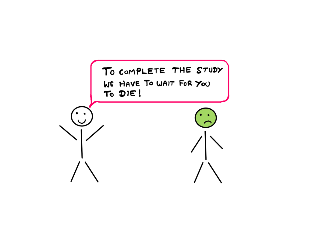 Correlation (II): How To Spot The Surrogate Endpoint Problem? - A cartoon illustration showing two stick figures. On the left, a happy stick figure says, "To complete the study, we have to wait for you to die!" On the right, a sad stick figure with a green face seems uncomfortable with the conversation.