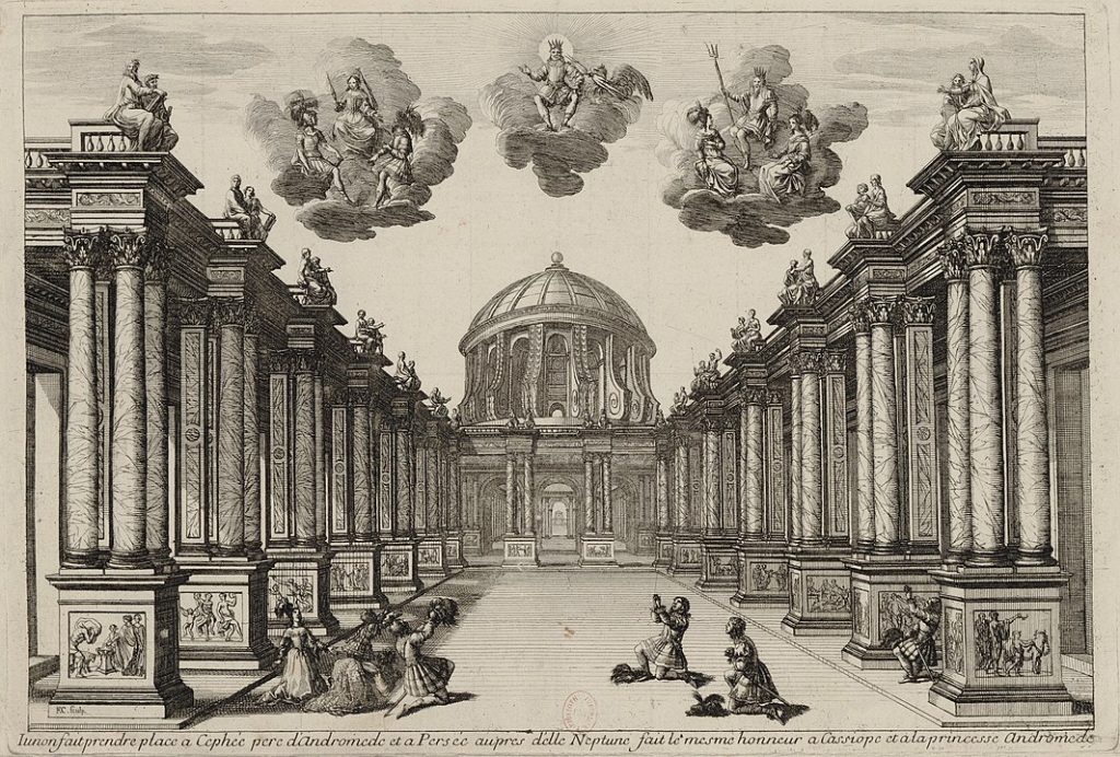 The Lonely Search For Deus Ex Machina In Real Life -A set design from Pierre Corneille's play Andromède: the black and white image shows that characters ascend to become Gods at the end of the play. The setting looks grandiose with royal Greek constructions all around the center of attention. The Gods seem to be riding cloud-like entities.