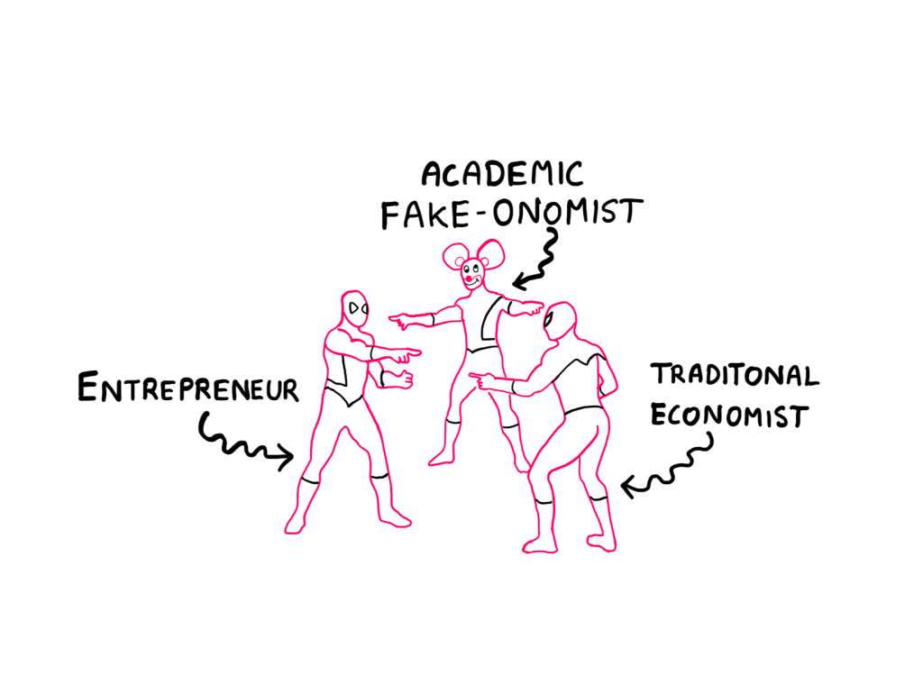 Entrepreneurs Are The New Economists - An illustration demonstrating the famous spider man meme, where three identical figures of spider man point at each other in amazement. In this version, it appears that the left spider man (labelled Entrepreneur) and the right spider man (labelled traditional economist) are alike, where as the spider man at the center (labelled academic fake-onomist) is actually goofy clown wearing the spider man suit.