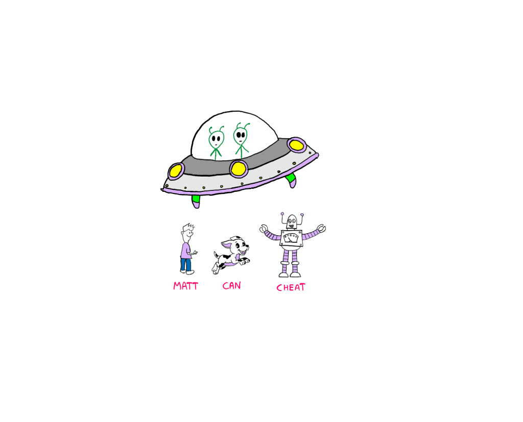 How To Really Solve This Tricky Logic Puzzle? (VI) - An illustration showing three characters: Matt - a human being, Can - a puppy, and Cheat - a robot, all happily chilling. Above them hovers an alien spaceship with fancy lights and two aliens inside it.