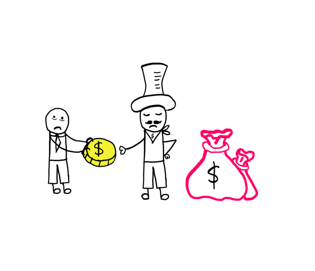 How To Build Systems Where The Rich Don't Get Richer - A cartoon illustration showing a poor man on the left sadly handing a big dollar coin to a rich man who coldly collects the money with folded arms and closed eyes. Beside the rich man, on the right, you see big piles of cash with dollar signs marked on them.