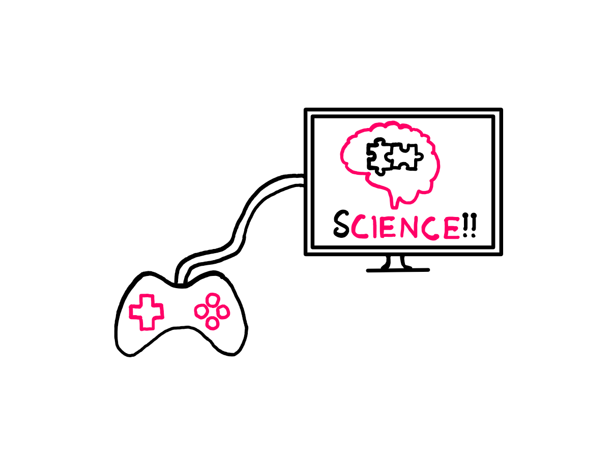 How To Use Video Games To Solve Scientific Problems - An illustration showing a video game controller connected to a television screen. On the screen, you can see a brain shaped figure, inside of which a puzzle is being solved. Below this figure, the following word is written in bold: "Science".