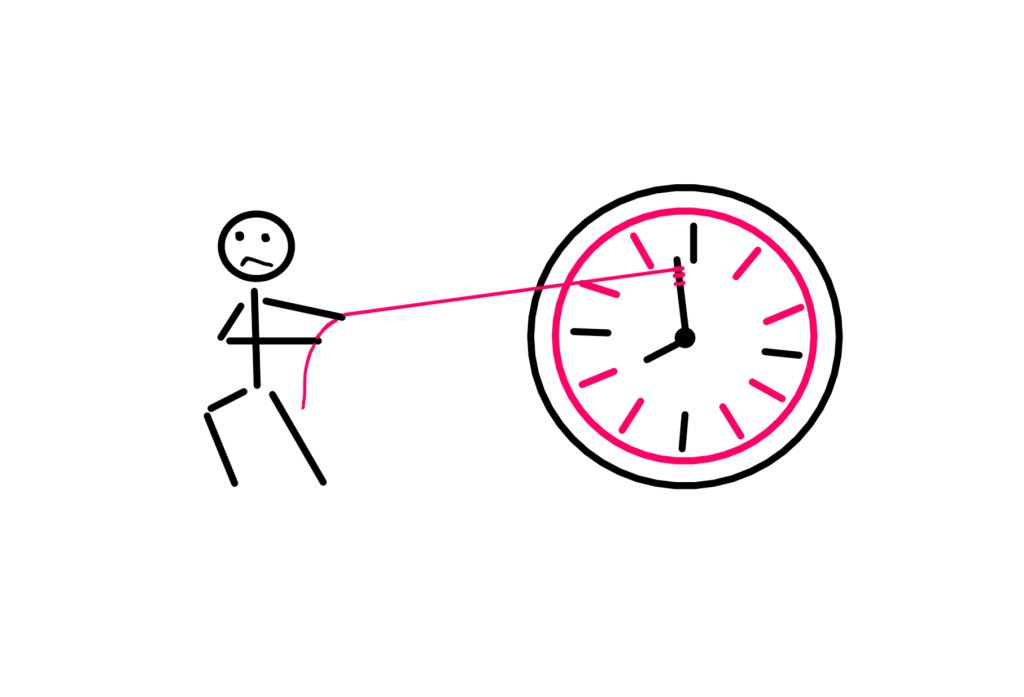 Can You Really Stop Time? (Sci-Fi Style) - An illustration showing a stick figure pulling the long hand of a big clock using a lasso/rope. It appears that the stick figure is trying to either stop time or slow it down.