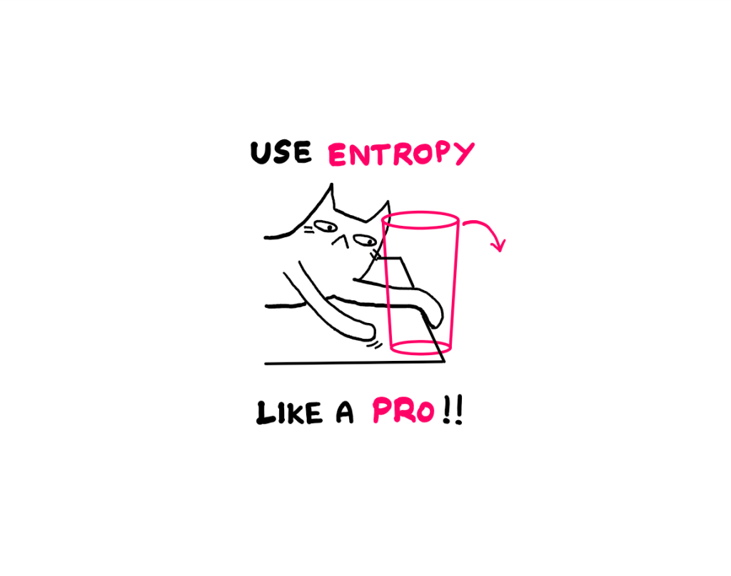 How To Use Entropy Like A Pro In Thermodynamics - An illustration showing a cat trying to push a glass jar down a table. Around this illustration, the following text is written: "Use entropy like a pro!"