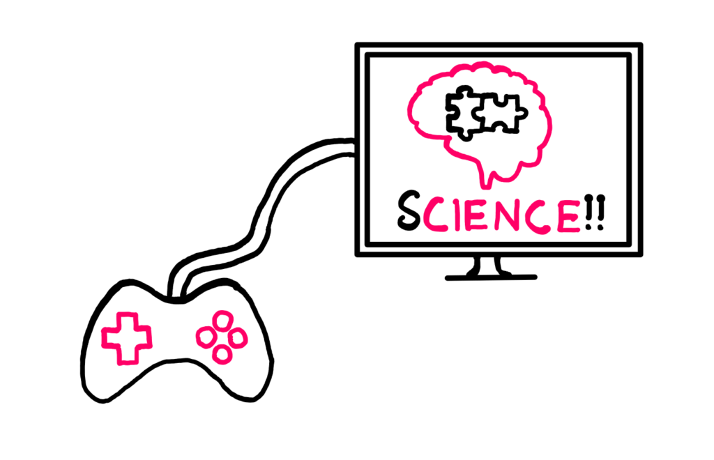 How To Use Video Games To Solve Scientific Problems — An illustration showing a video game controller connected to a television screen. On the screen, you can see a brain shaped figure, inside of which a puzzle is being solved. Below this figure, the following word is written in bold: “Science”.