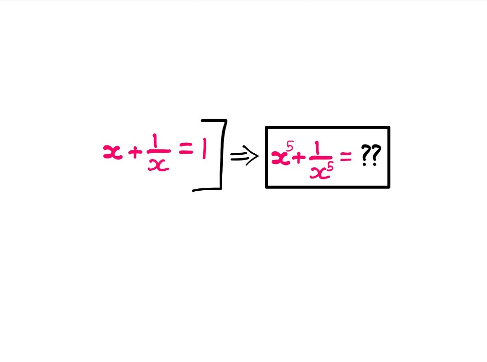 How To Really Solve This Tricky Algebra Problem (XII) - A whiteboard style graphic-illustration showing the following information: x + 1/x = 1; x⁵ + (1/x⁵) = What (??)