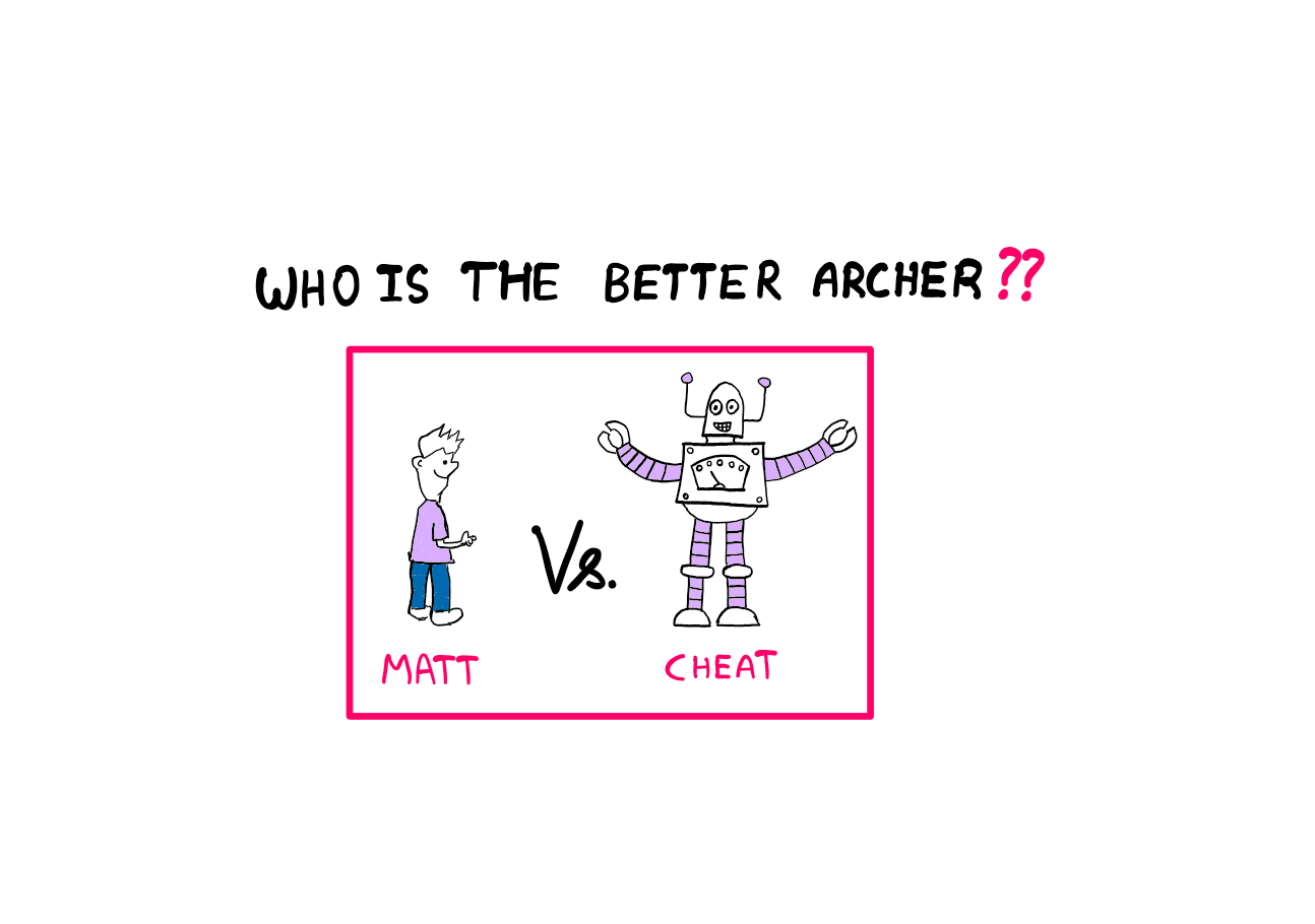 Precision And Accuracy: What Is The Difference? - An illustration showing a likeable guy on the left named Matt and a big smiling robot named Cheat on the right. The word "Versus" is written between them. Above these illustrations, the following question is posed: Who is the better archer?