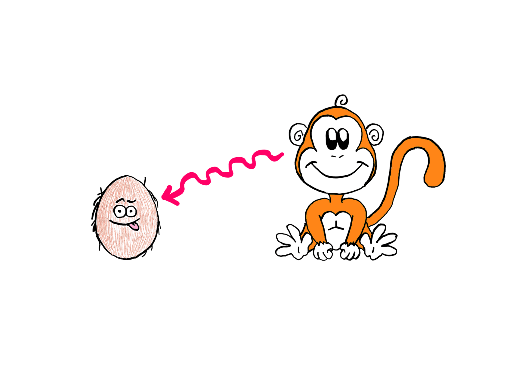 How To Really Solve The Last Coconut Puzzle - An illustration showing a cute little monkey sitting on the right like a baby. On the right, you see a goofy and cute looking coconut with eyes and its tongue sticking out. The monkey seems to be eyeing the coconut.
