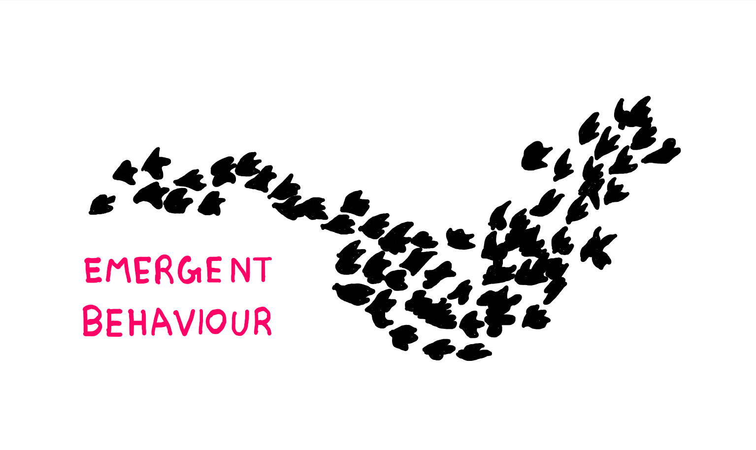 The Mind-Blowing World of Emergent Behaviour - An illustration showing a flock of birds dancing like a living creature through the sky. Besides this flock, the following text is highlighted: "Emergent Behaviour".