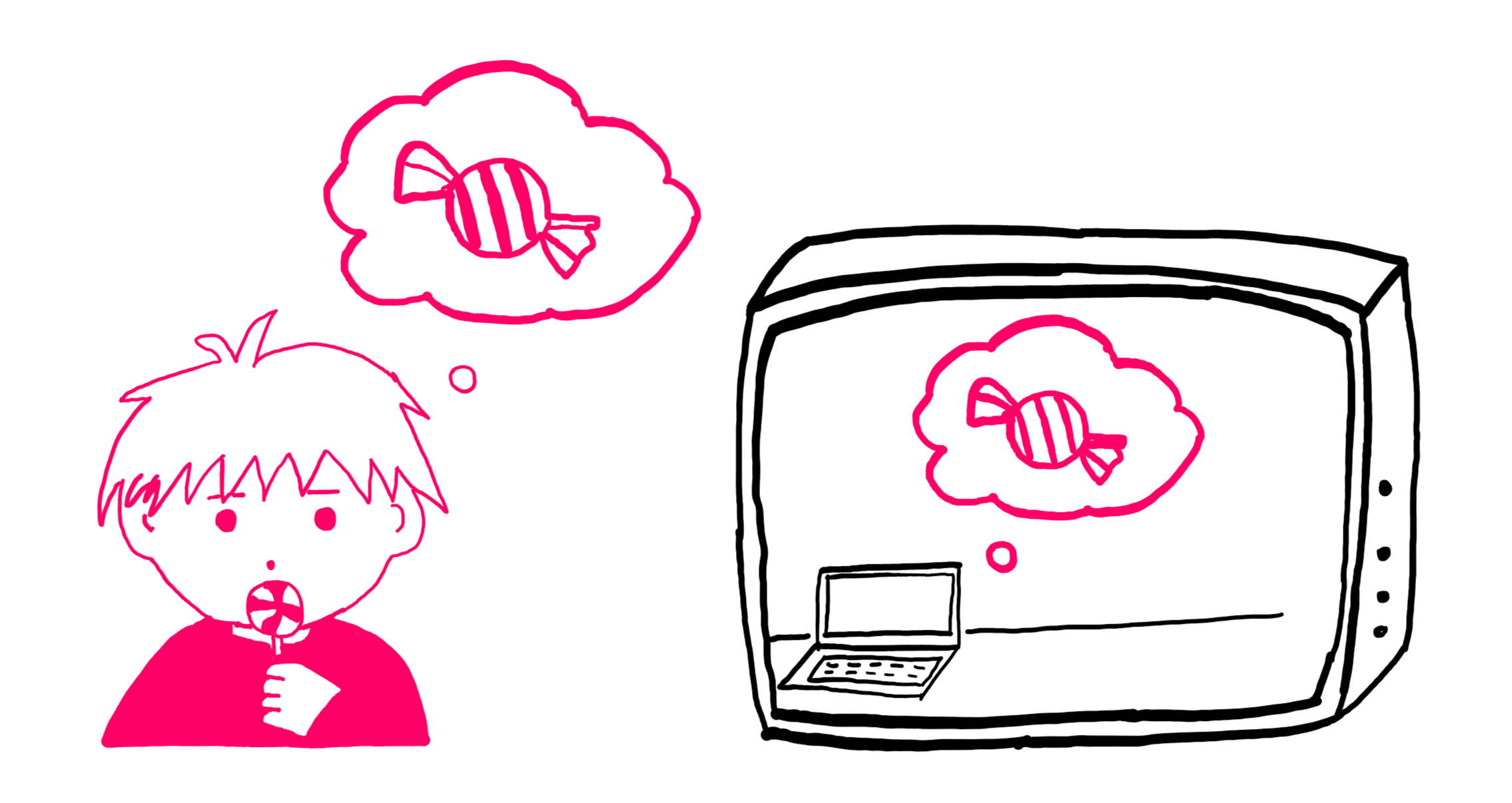 How To Understand The Computational Irreducibility - A cartoon showing a boy dreaming with a candy dream of a candy seeing a computer in a television dreaming of the same candy.