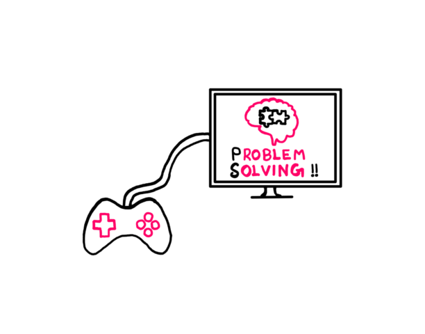 How To Get Better At Problem Solving - An illustration showing a videogame controller connected to a monitor. The monitor has a 2D-brain with two connected jigsaw puzzle-pieces inside. Below these puzzle pieces, we have the following words: "Problem Solving!!"