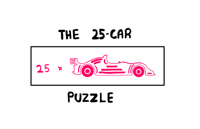How To Crack The 25-Car Puzzle? - An illustration showing a fancy-looking race car that is being multiplied 25 times. Around this fancy illustration, the following text is written: The 25-Car Puzzle.