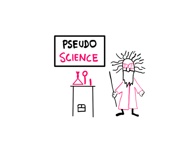 What Happened To The Hermit Scientist? - An illustration showing a crazy-looking mad-scientist like figure on the right with sunglasses, split hair, and a pole in the hand. On the right, you can see a table with scientific equipment. Above this, a label saying "Pseudo Science" is placed.