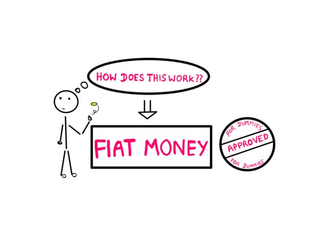 How Does Fiat Money Work- A stick figure on the left flips a coin and is asking the following question in its head: "How does this work?" Below this bubble is seen the following word highlighted inside a square block: Fiat Money. Beside this block is a seal that says 'For Dummies - Approved' on it.