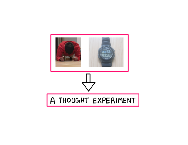 An Entropic Thought Experiment - A picture of the author doing a plank on the left, a picture of a watch showing 05:00:00 (minutes: seconds:milliseconds) on the left, and a text reading "A Thought Experiment" below that.