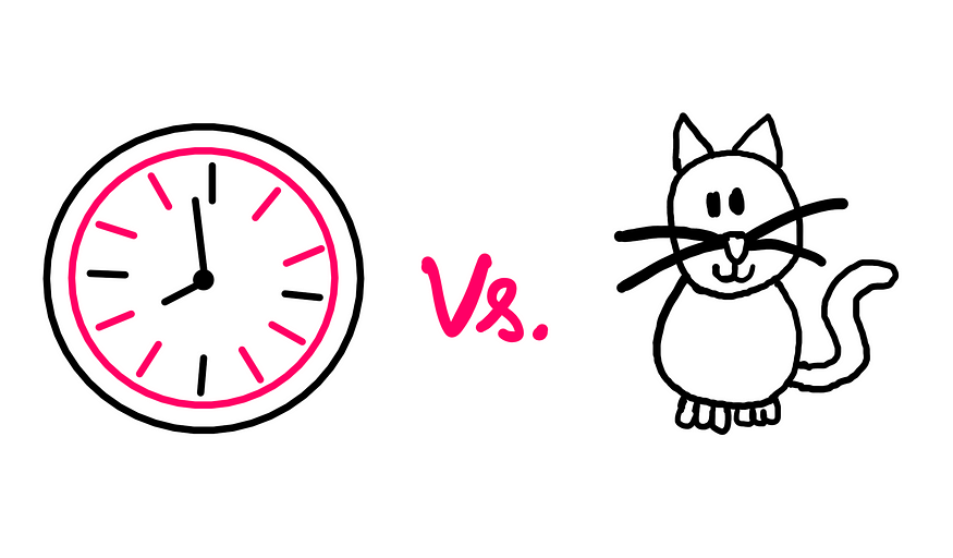What Makes Clocks And Cats Different? — a hand-drawn clock on the left and a funny comic-like hand-drawn cat on the right. The word “Vs.” in between.