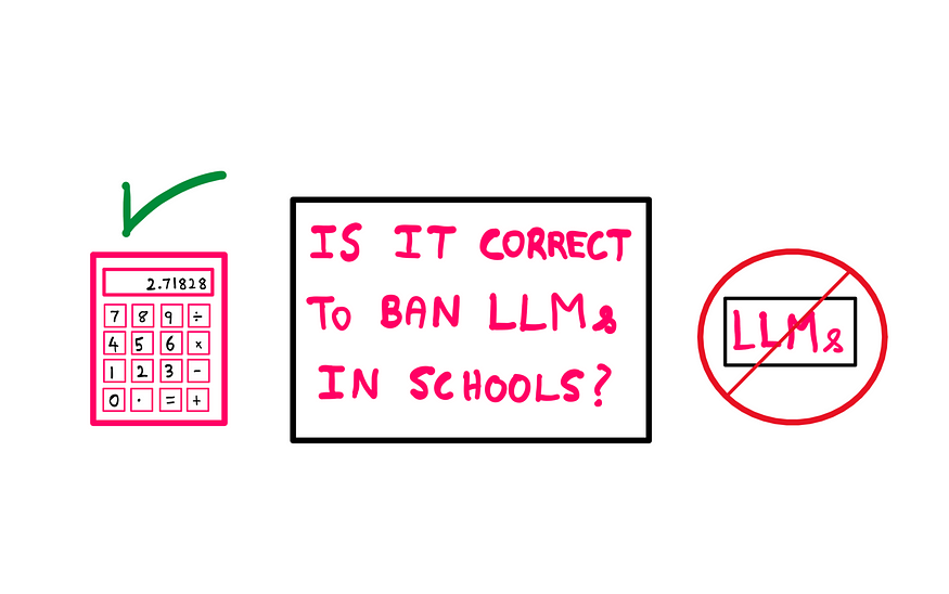 Is it correct to ban LLMs in schools ? — A calculator with on the left with a green checkmark on its top, a sign with “LLMs” with a ban marking on the right, and a sign with the following text at the center: “Is it correct to ban LLMs in schools?”