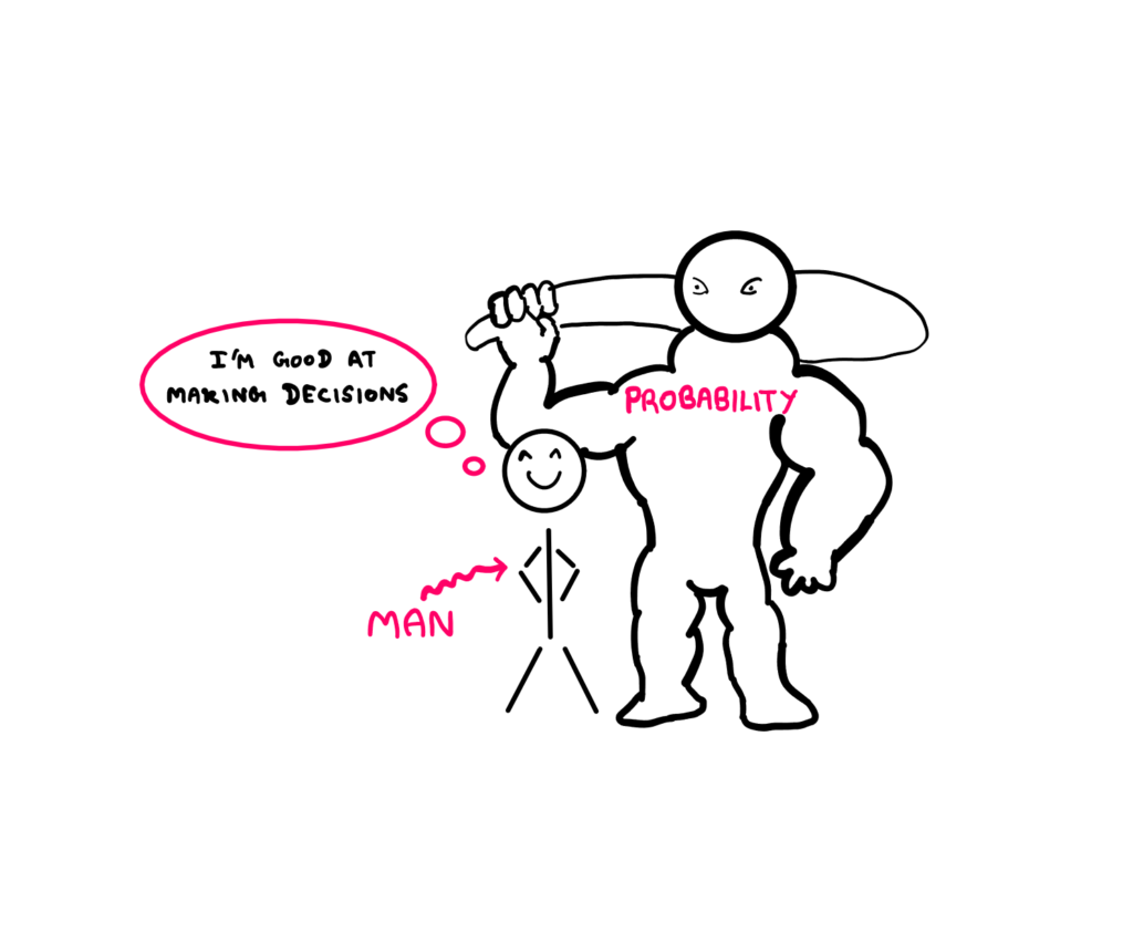 A slender stick-figure man on the left is looking smug thinking "I am good at making decisions". On his right, right behind him without him noticing, is a muscular demon-like tall figure towering the man with a club held on it shoulder. This demon-like juggernaut is labelled "Probability".