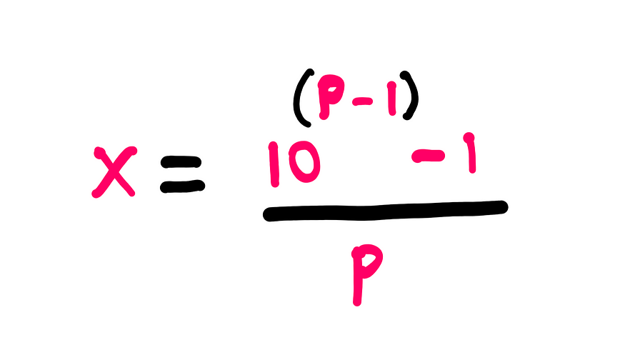 General expression for a cyclic number: X = ([10^(P-1)] — 1)/P